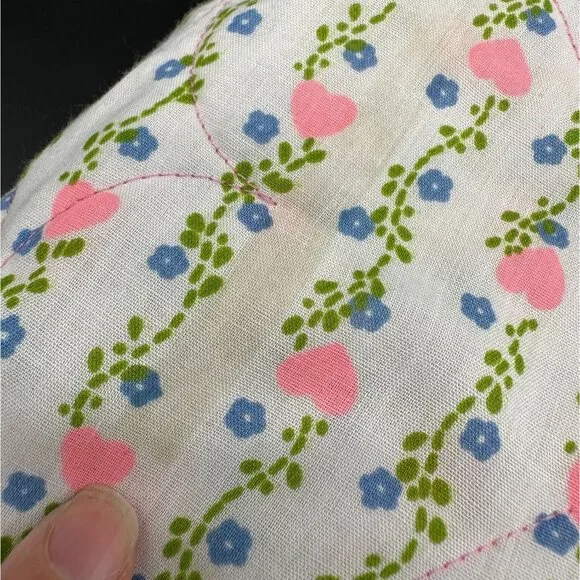 Vintage Handmade Baby Quilt Throw Blanket Pink Blue Hearts Floral Cottage 43x43 - Picture 6 of 8